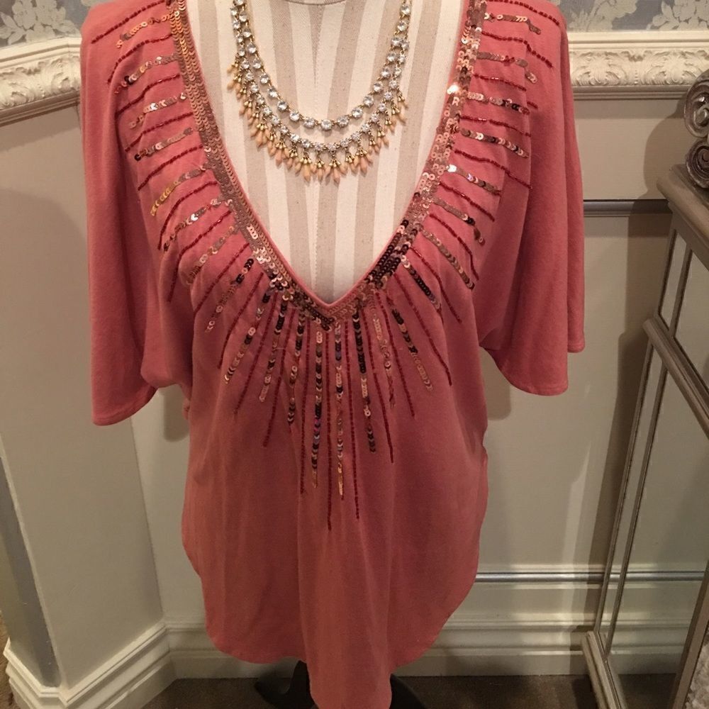 Coral V Neck Sequin Burst Top!
